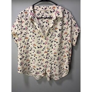 Anthropologie Jane+Delancey White Bird Print Rayon Short Sleeve Button Down